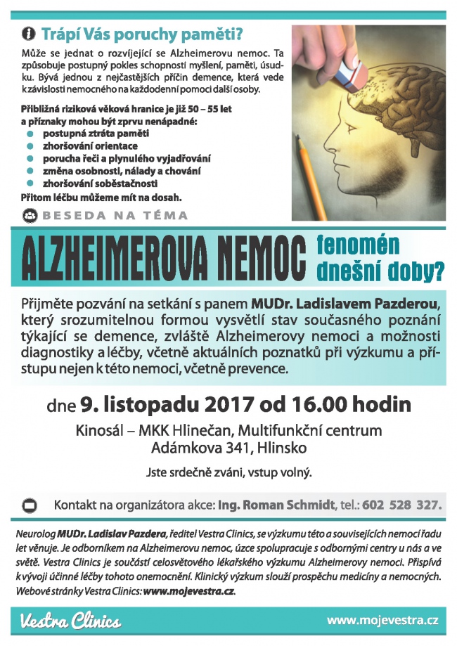 Beseda - Alzheimer, 9. listopadu od 1600 hod, Kinosál, MKK HLINEČAN, Multifunkční centrum, Adámkova 